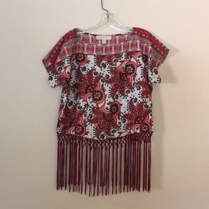 Michael Kors Red Floral Fringe Blouse Top Sz XS